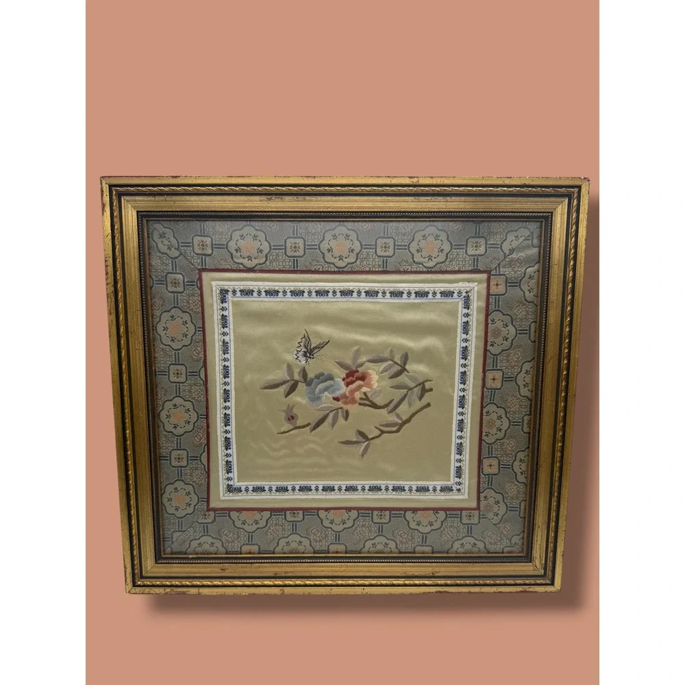 Vintage Asian Silk Embroidery Framed Floral Butterfly Art Chinoiserie Decor